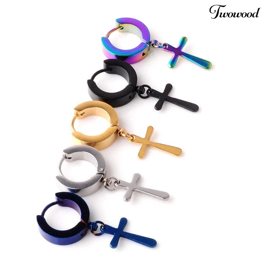 Twowood 1Pc Unisex Dangle Earring Cross Korean Style Stainless Steel Simple Bright Luster Hoop Earring for Daily Wear