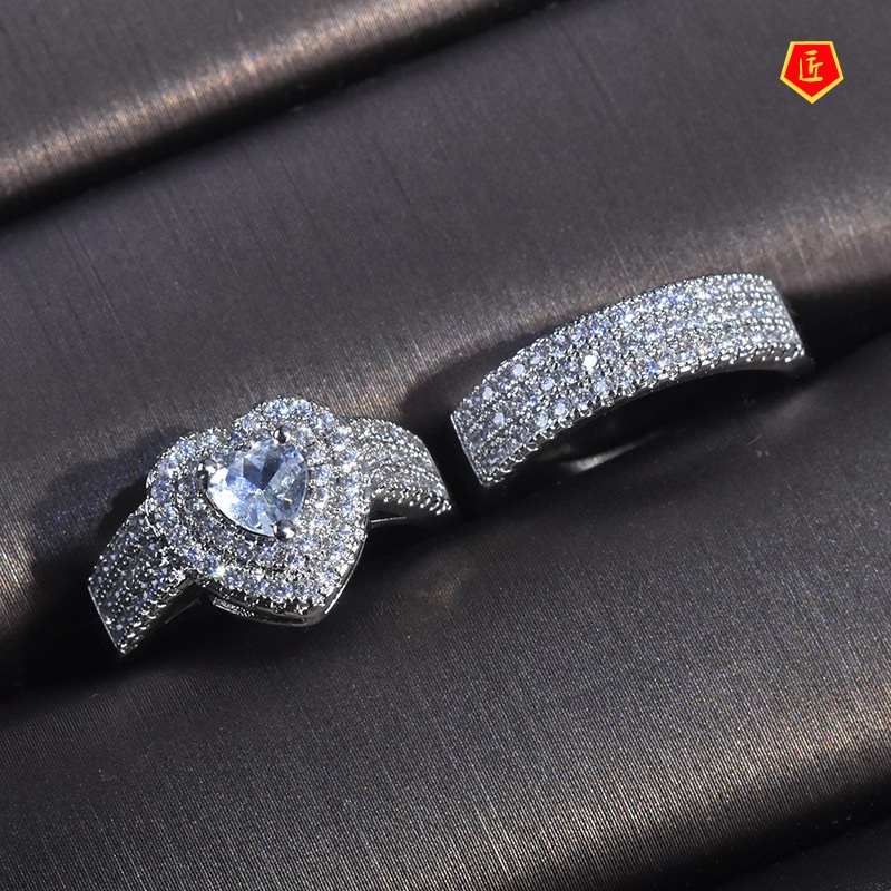 [Ready Stock]Luxury Fashion Shining Full Diamond Heart-Shaped Ring Set 18K Platinum