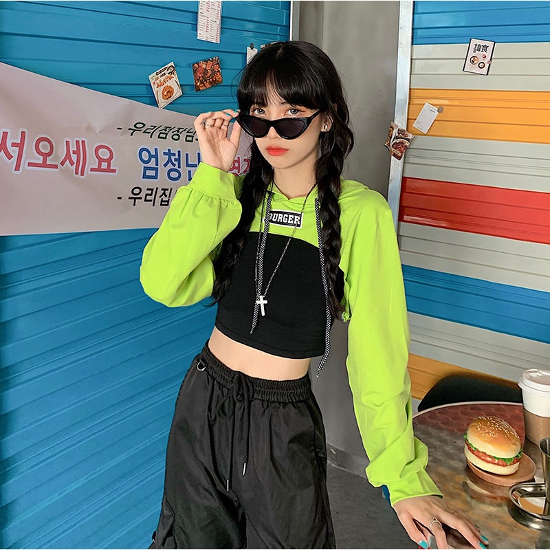 [✅BISA COD] #Sisjuly# Dua Potong Sesuai Xuan Ya Street Dance Hip-Hop Longgar Dicetak Pendek Lengan Panjang Hoodie Cropped