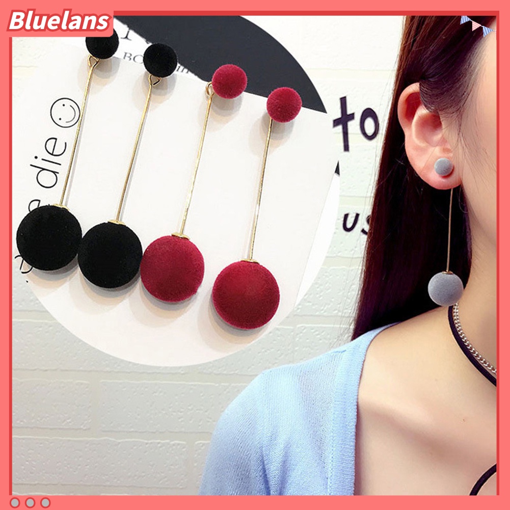 Bluelans Anting Gantung Panjang Model Bola Bulu Imitasi Untuk Wanita