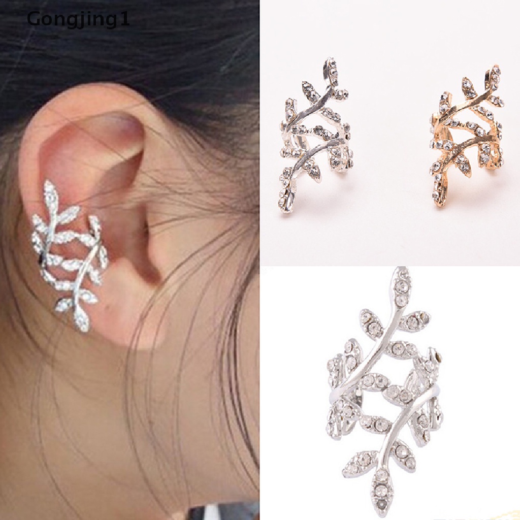 Gongjing1 Anting Klip Gaya Punk Rock Retro Bentuk Daun Aksen Kristal Untuk Perhiasan Wanita