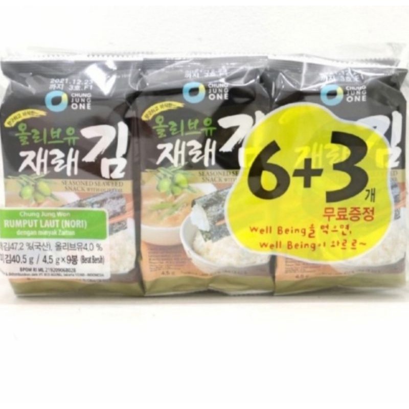 

Chung jung one seaweed 6+3 nori olive oil 9×4,5gr | rumput laut