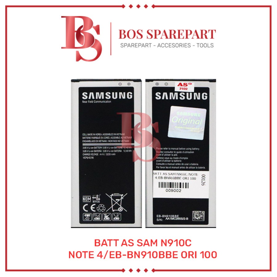 BATTERY AS SAMSUNG N910C/NOTE 4/EB-BN910BBE ORI 100 / BATERAI / BATRE