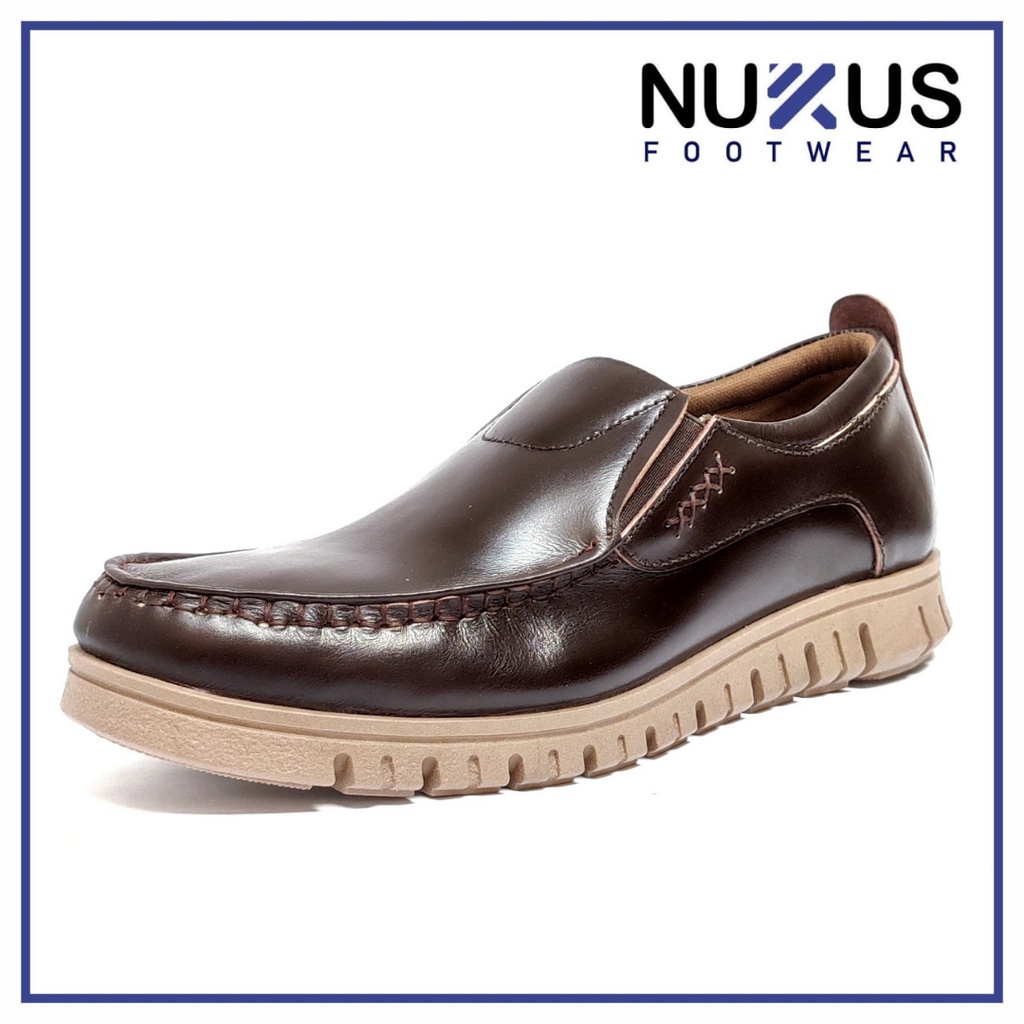 Nukus Sepatu Pria Casual Slip On Kulit Asli CoklatTua - NKL AMU