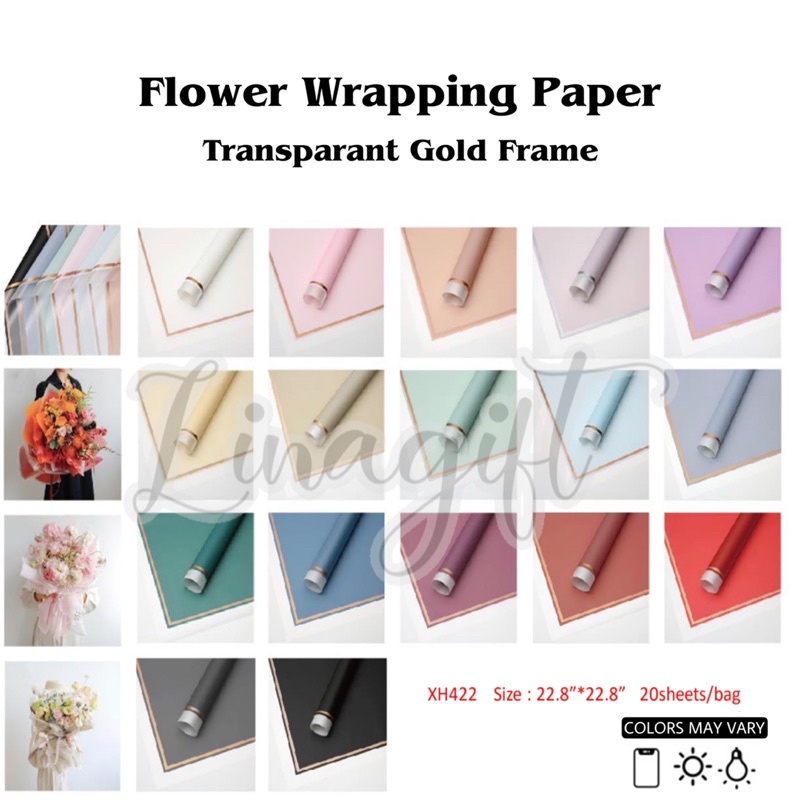 ( 5 Lembar ) TRANSLUCENT GOLD FRAME - FLOWER WRAPPING PAPER PLASTIC CELLOPHANE GOLD LINE MATTE KERTAS BUNGA BUKET FLORIST