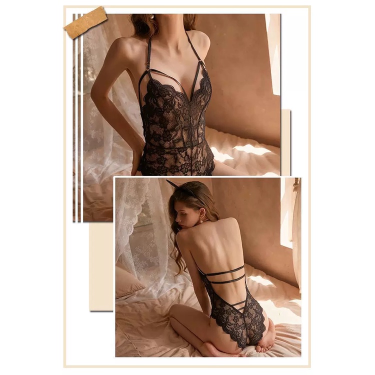 (COD) Sexy Open Crotch Lingerie Babydoll Teddy V Dalam Renda Transparan One-Piece Bikini Lingerie Teddies 3A522