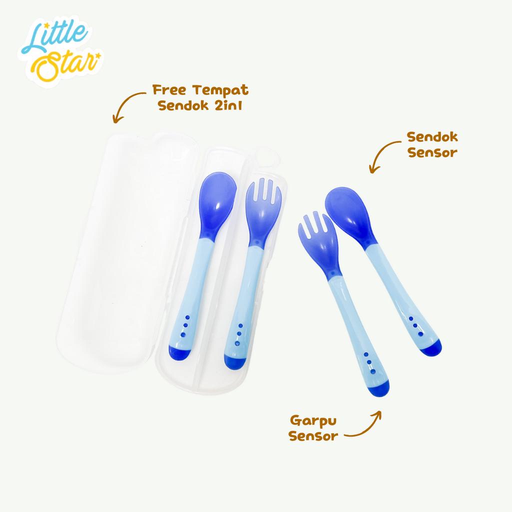 LS 2in1 Set Sendok Makan Mpasi Bayi Silikon Sensor Panas Bundling Free Box BPA Free Food Grade Baby Spoon Fork