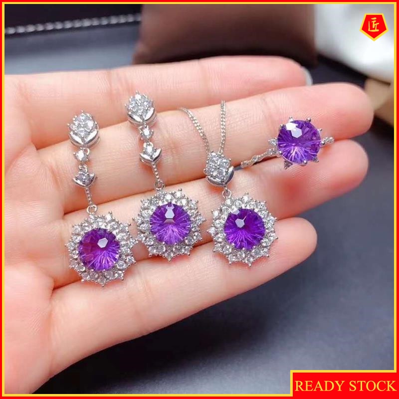 [Ready Stock]New Amethyst Rings Pendants Earings Set Pt950 Platinum