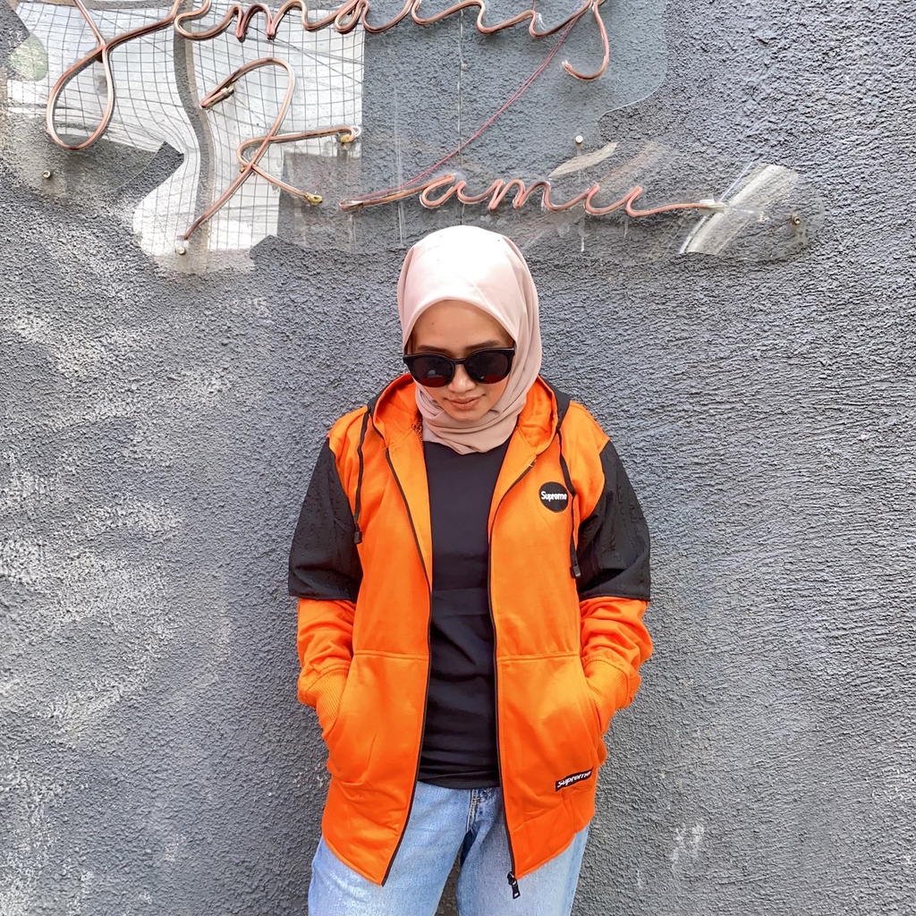 Jaket Sweater Zipper Bordir Kombinasi Qwilting ORANGE SUPRE-M