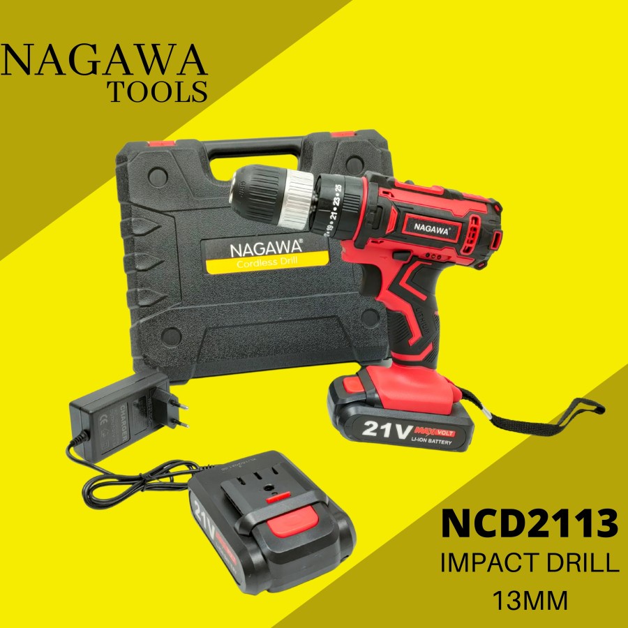 CORDLESS HAMMER DRILL 21V SET MESIN BOR BATERAI NAGAWA NCD2113 - Kuning