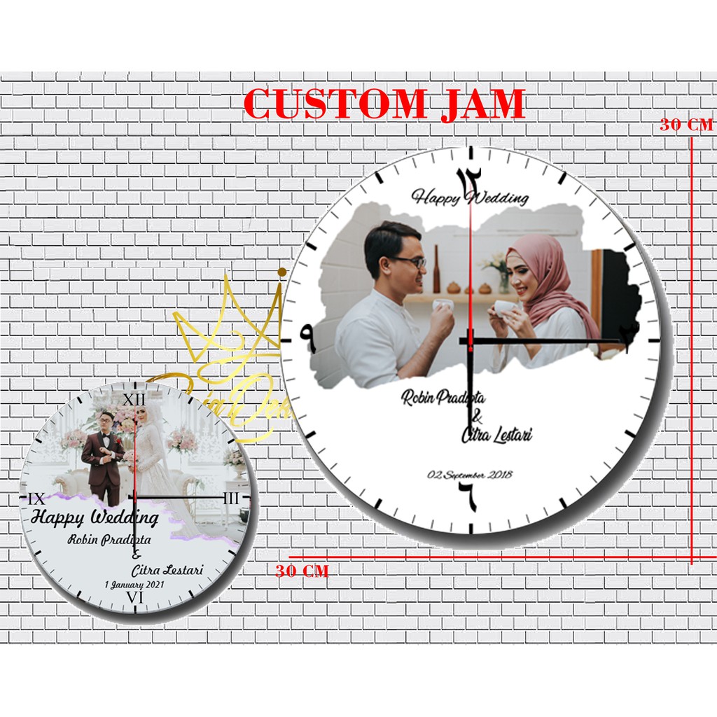 Jam Dinding Kayu Bulat Custom Wedding Theme Kado Pernikahan Free Box dan Baterai pusatmode1234