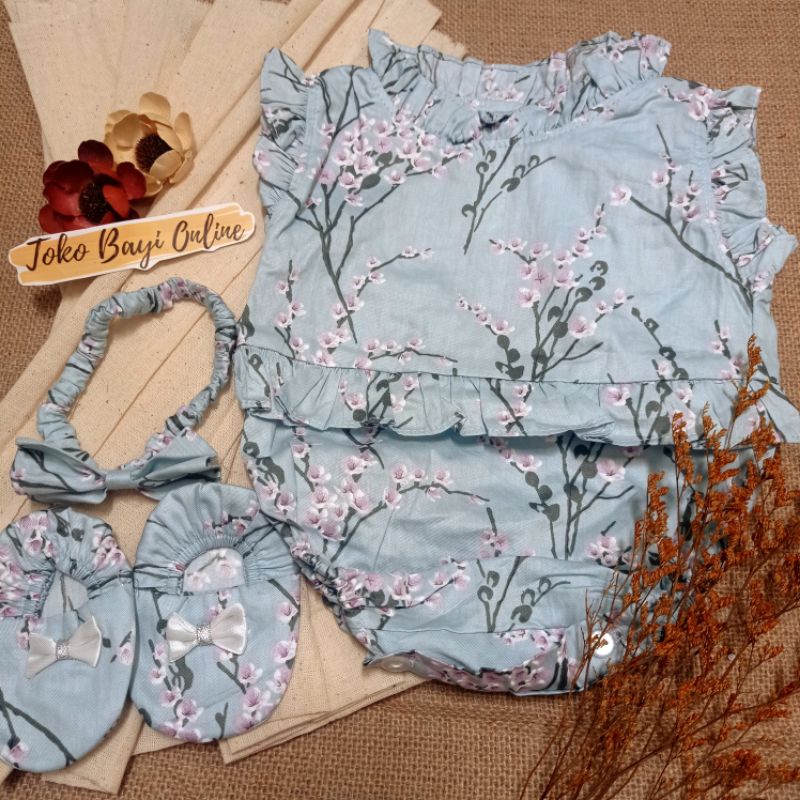 Baju jumper 0 6 bulan bando lucu bestseller anak bayi cewek perempuan murah-Sakura biru