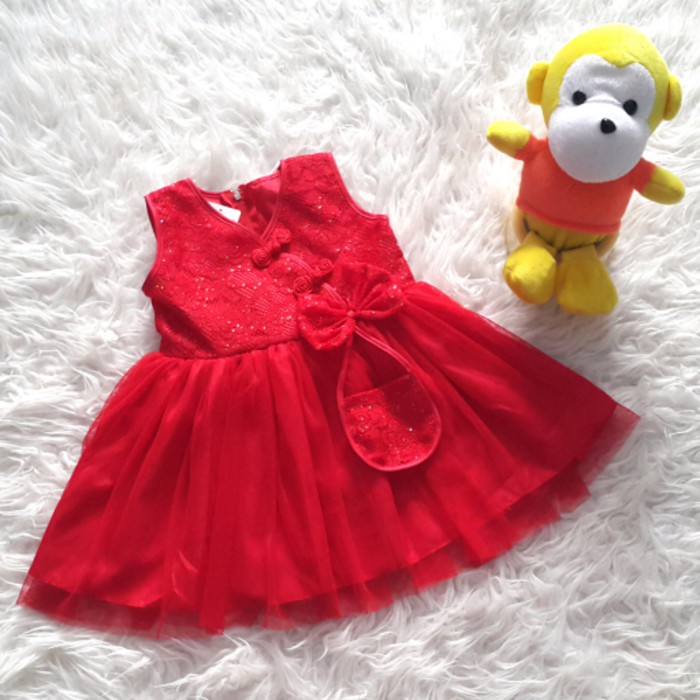 Baju Dress Cheongsam Chinese Anak Bayi Perempuan Merah Brokat Tile