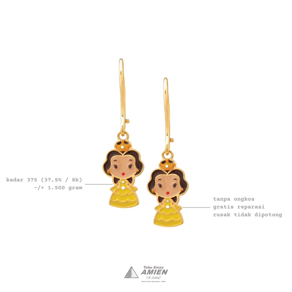 Toko Emas Amien Anting Anak Emas Asli UBS Kadar 375 (37,5% / 8K) 1.500 Gram - Disney Princess Belle