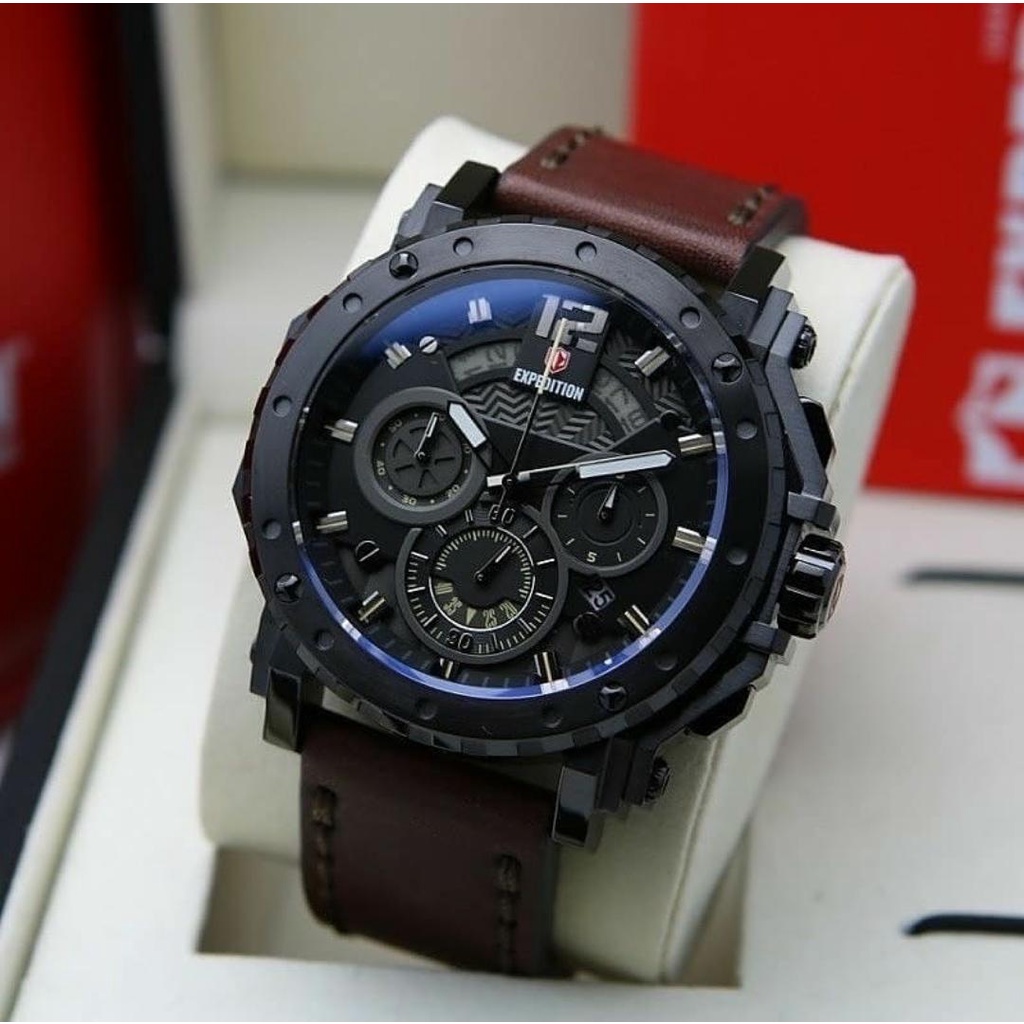 JAM TANGAN PRIA EXPEDITION E 6402/E6402  BLACK BROWN TALI KULIT.ORIGINAL