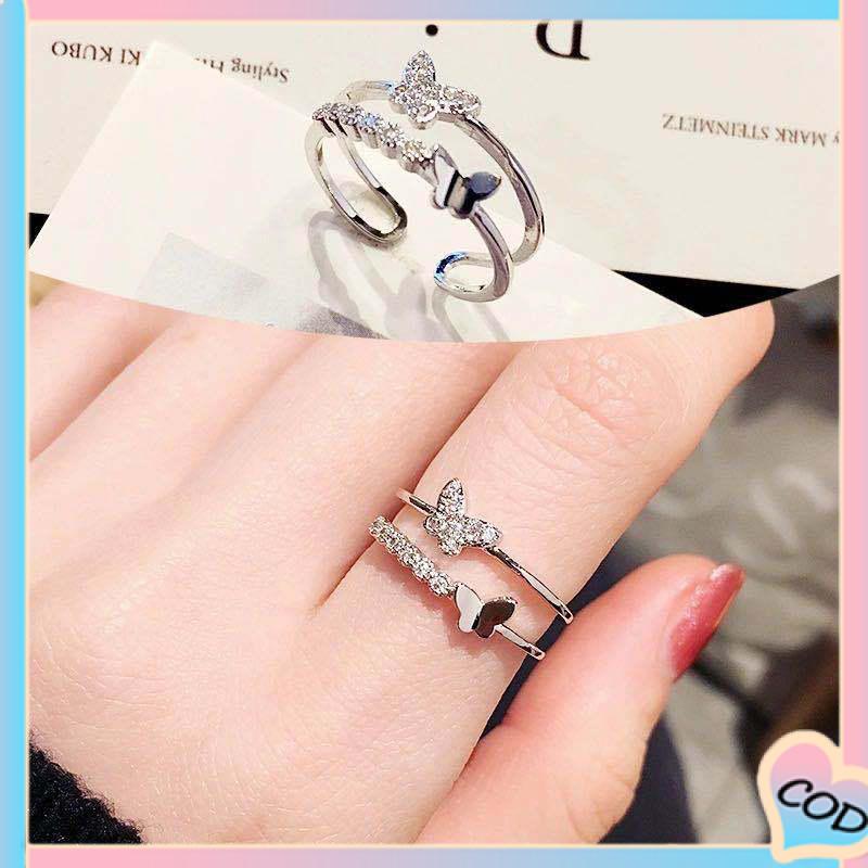 COD❤️ Cincin terbuka wanita kupu-kupu ganda flash berlian ekor cincin sederhana-A.one