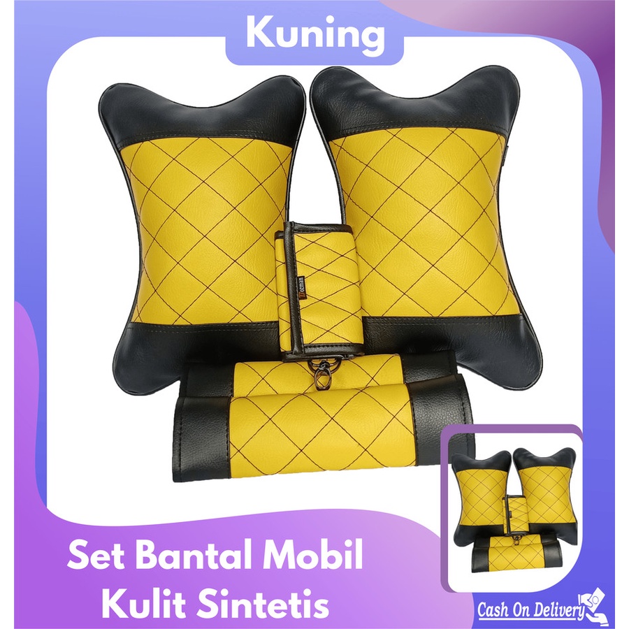 Bantal Mobil Set 3 In 1 Kuning Premium/ Aksesoris Mobil Keren &amp; Nyaman isi 2 bantal mobil 2 seatbelt dan 1dompet stnk