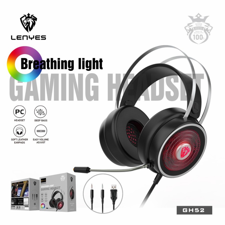 JH HEADSET GAMING LENYES GH52 BREATHING LIGHT DEEP BASS HEADPHONE GH-52