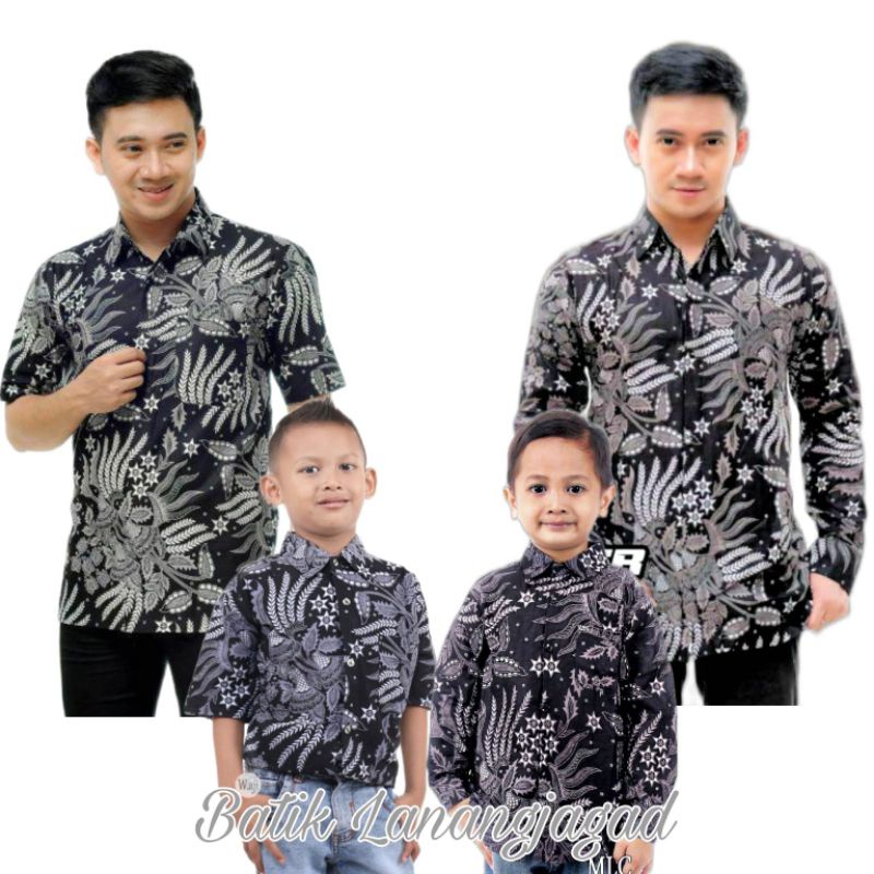 Batik Pria Couple Batik Ayah dan Anak Laki Laki Kemeja Batik Anak Cowok Motif Manggar Hitam Abu Abu