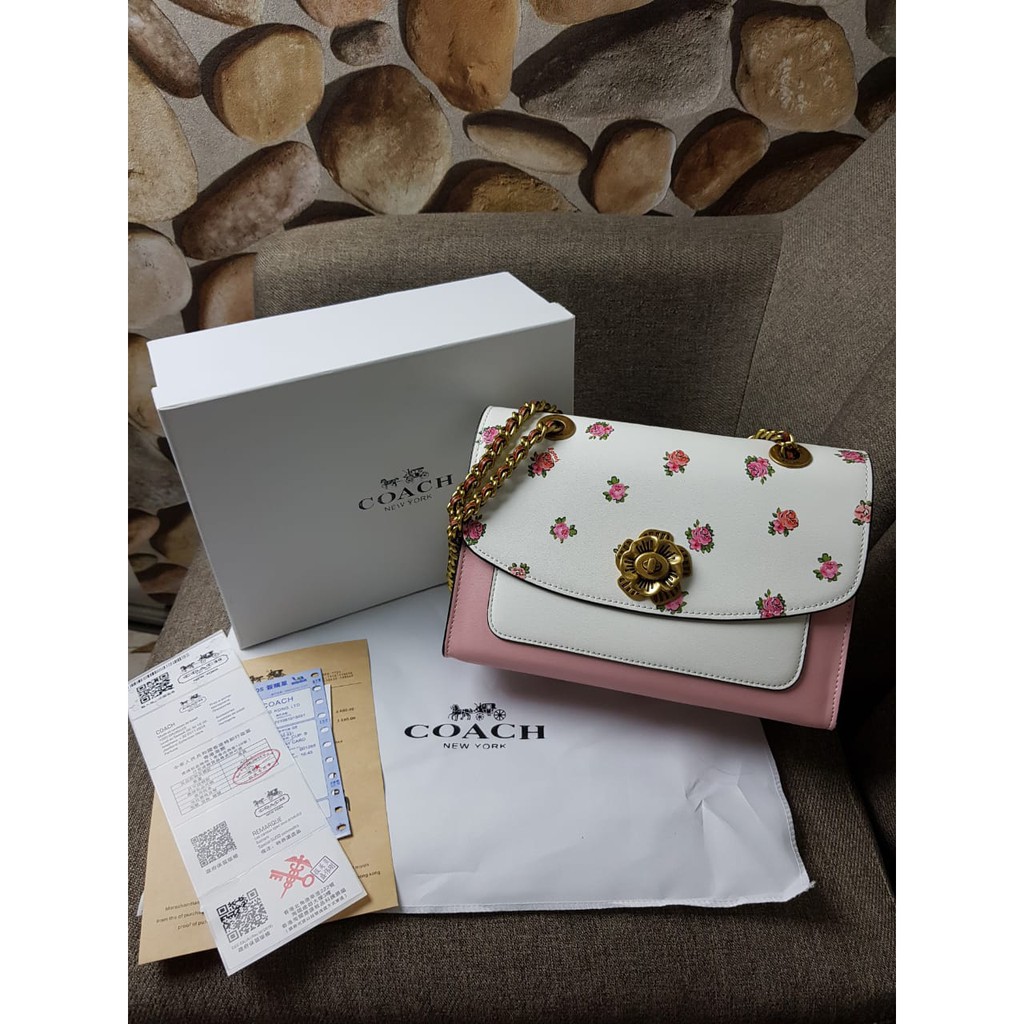 BARANG REBUTAN BURUAN, SUPERRRRR MEWAH Tas Coach Parker Floral Print Blocking Leather PUTIH PINK A