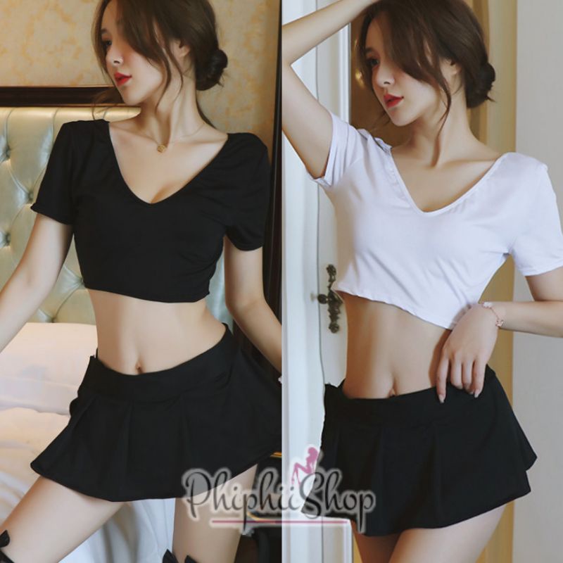 Set Cosplay Seragam Sekolah Guru Kantor Crop Top Shirt + Rok Mini Kostum Lingerie Uniform Sexy