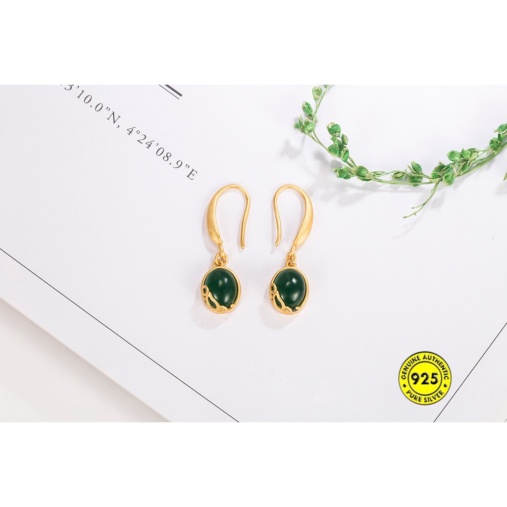 Anting Kait Gantung Silver S925 Desain Bunga Jasper Cina Retro Untuk Wanita