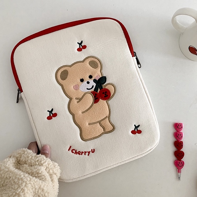 Sleeve Pouch Sarung Tas Bag Case Ipad Tab Tablet Macbook Air Pro Laptop Asus Acer Lenovo HP Huawei 11 12 13 14 15 inch Motif Gambar Cherry Bear Beruang Cery Warna Putih Merah Lucu Cute Murah Korean Model