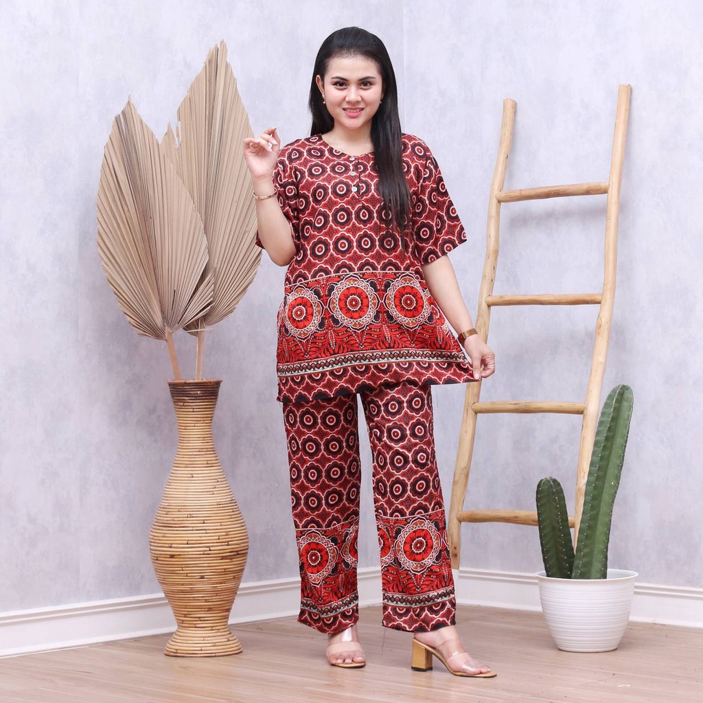 Batik Prass - Setelan Baju Tidur Busui Lengan Pendek - Piyama Batik Terbaru - Baju Santai-ITALY ORANGE