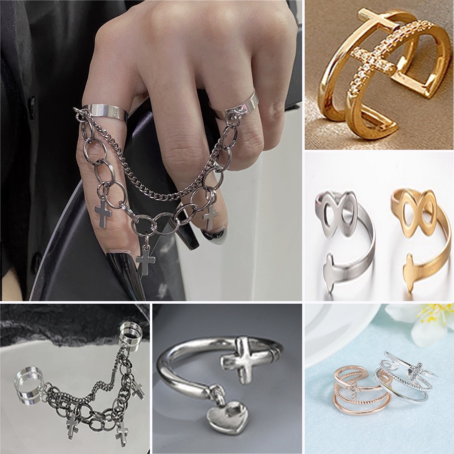 Cincin Model Rantai Silang Terbuka Bahan Stainless Steel Gaya Hip Hop Punk Korea Untuk Perhiasan
