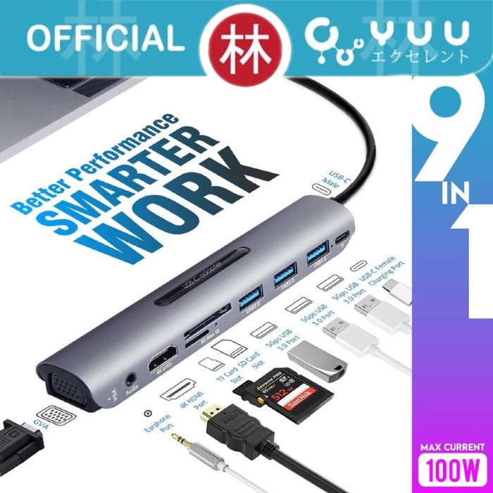 Yuu YTG483C9 Splitter 9in1 Type-C, HDMI, VGA, TF/SD Card, AUX &amp; USB-A