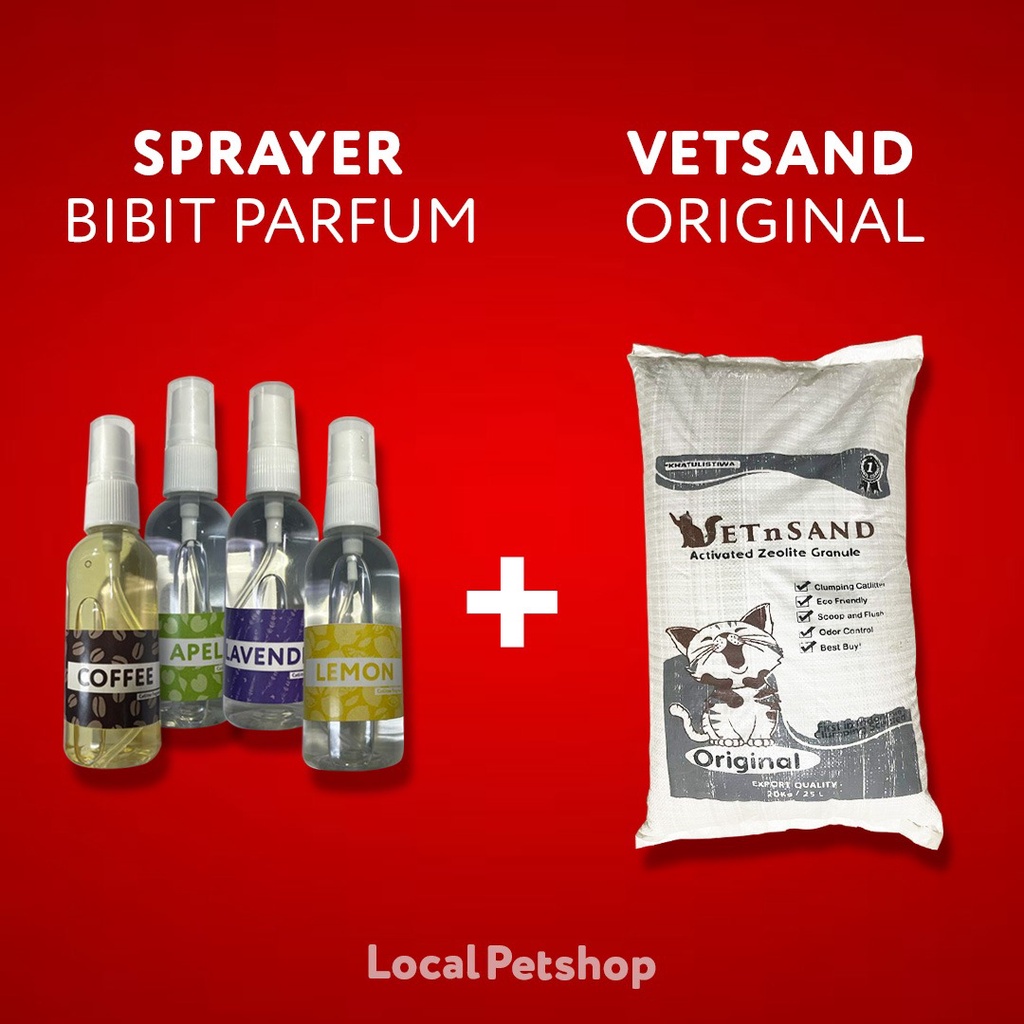 Vetsand Granule Zeolite + parfum pewangi sprayer 60ml Lavender Kopi Lemon Apel  pasir kucing gumpal