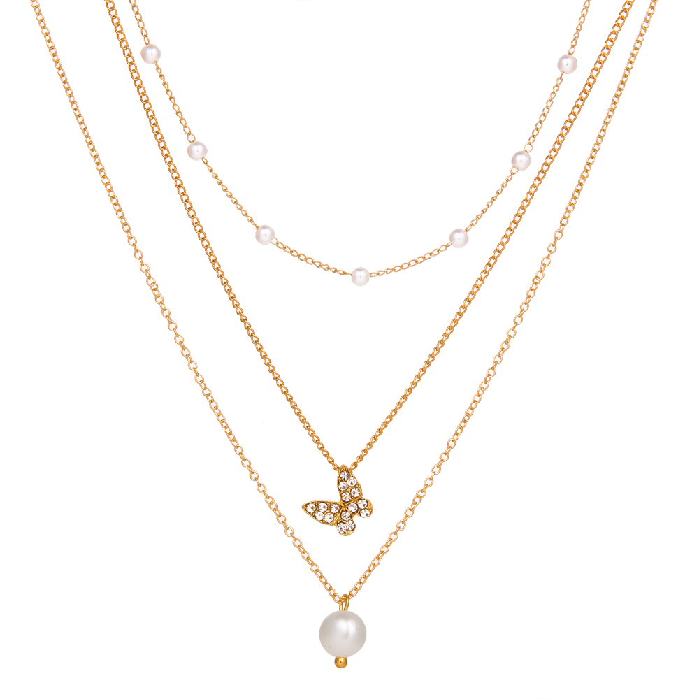 Kalung Choker Multilayer Liontin Kupu-Kupu Aksen Mutiara Gaya Vintage Korea