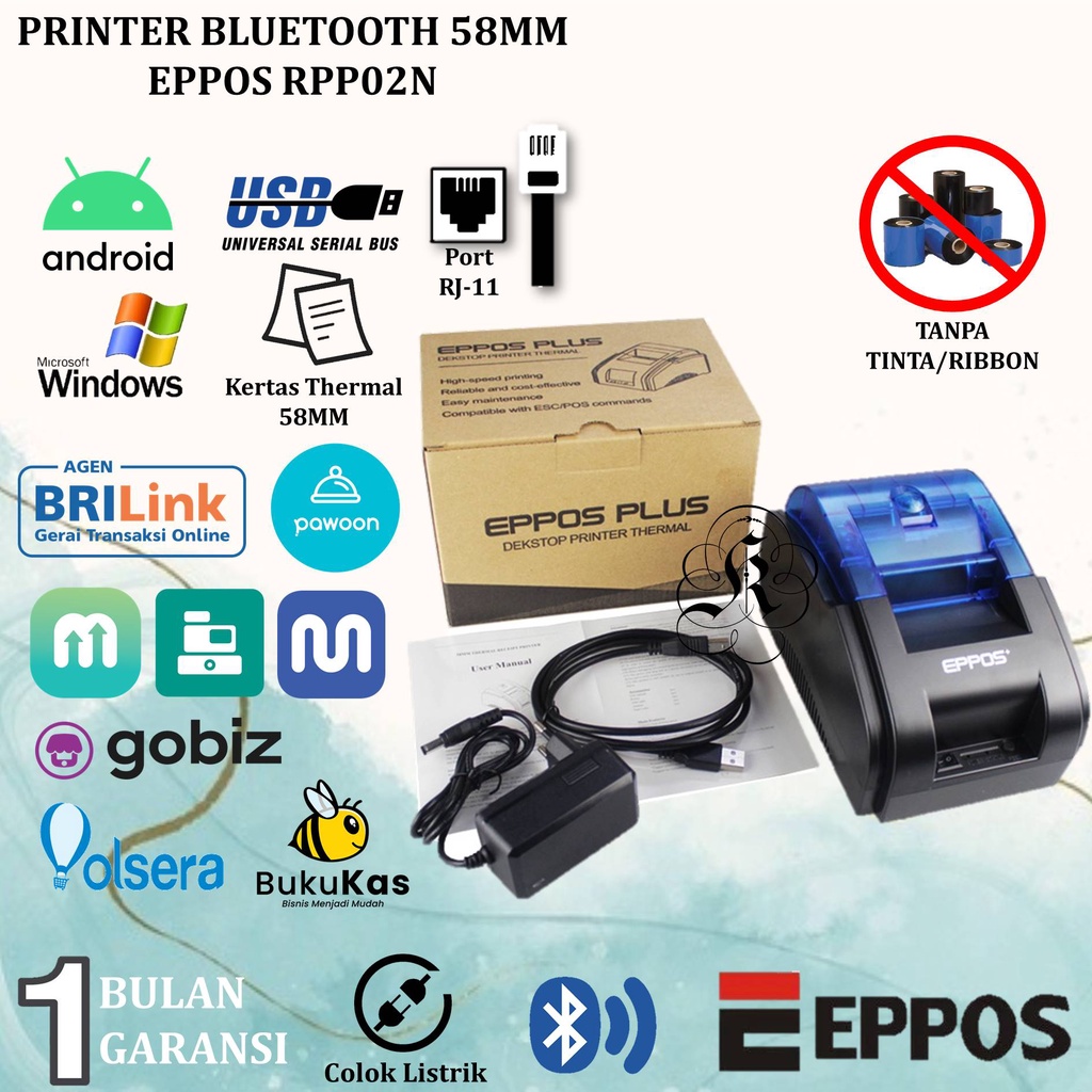 EPPOS EP-RPP02 PRINTER THERMAL BLUETOOTH RPP02N EP58+ SUPPORT MOKAPOS GOBIZ QASIR MAJOO RJ11