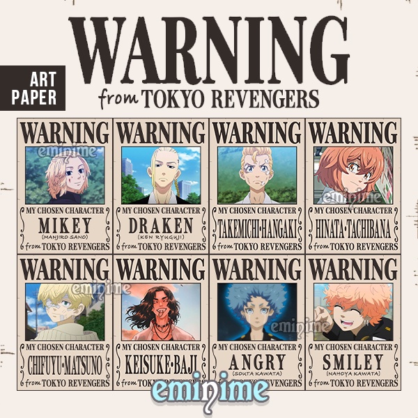 (POSTER) Poster Tokyo Revengers Warning Anime - Character Mikey Draken Takemichi Chifuyu Mitsuya Baji Kazutora Angry Smiley - eminime