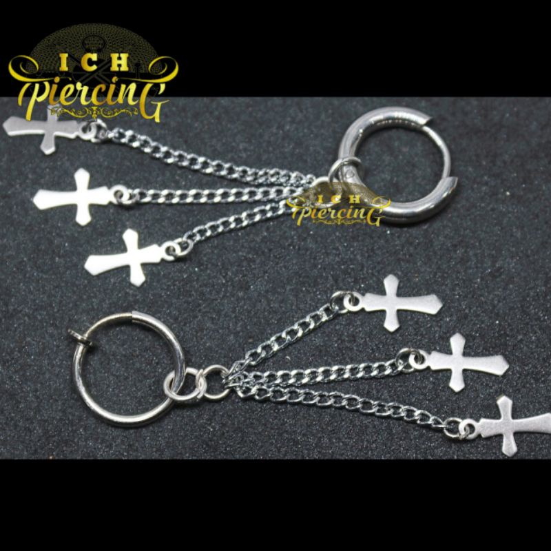anting Hoop rantai salib 3 / anting titanium silver tindik dan jepit / ICH PIERCING