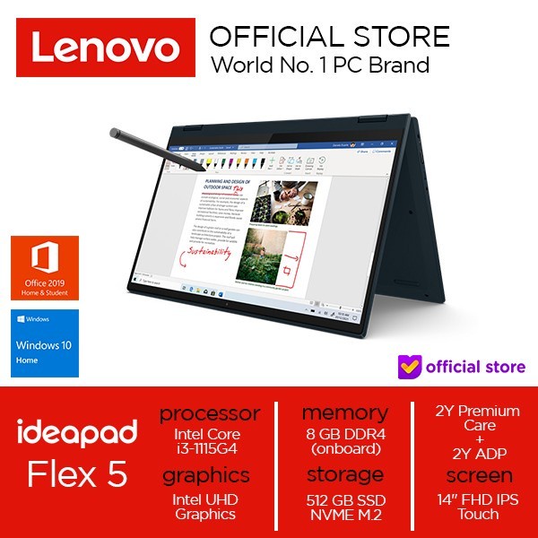 LENOVO IDEAPAD FLEX 5 TOUCH CORE i3 1115G4 8GB 512GB SSD WIN10+OHS 14.0 FHD 2 IN 1 2YR+ADP