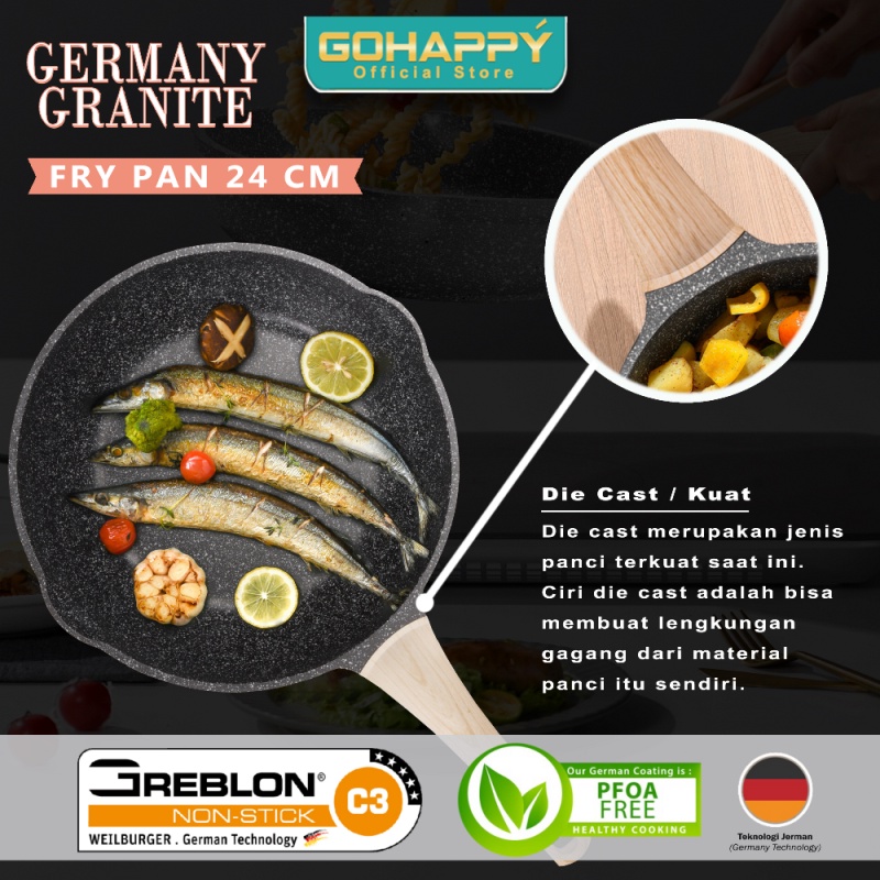 PANCI SKILLET FRY PAN 24CM Gohappy Germany Granite WAJAN  FRYPAN asli Import Greblon C3 German Granit JERMAN