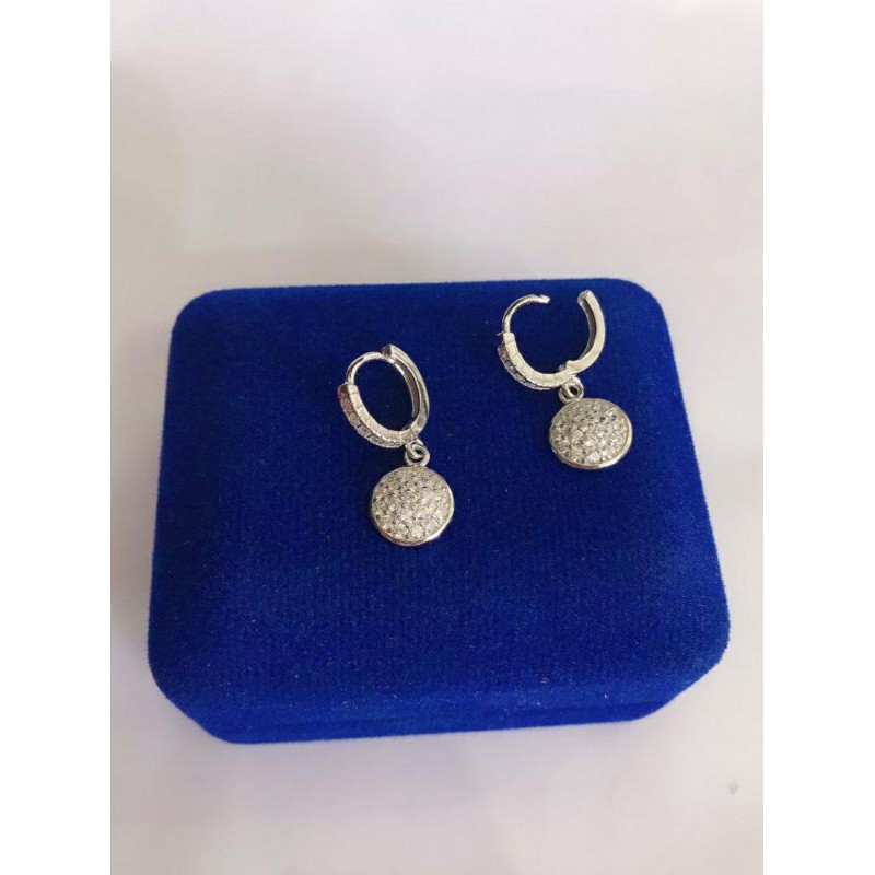 ANTING JEPIT KOIN BULAT PERAK 925 LAPIS EMAS PUTIH - PERHIASAN SILVER PERAK ASLI - IMPORT - A202