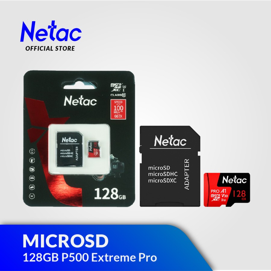 Micro SD NETAC P500 Extreme PRO 128GB V30 A1 with Adapter - NETAC 128G