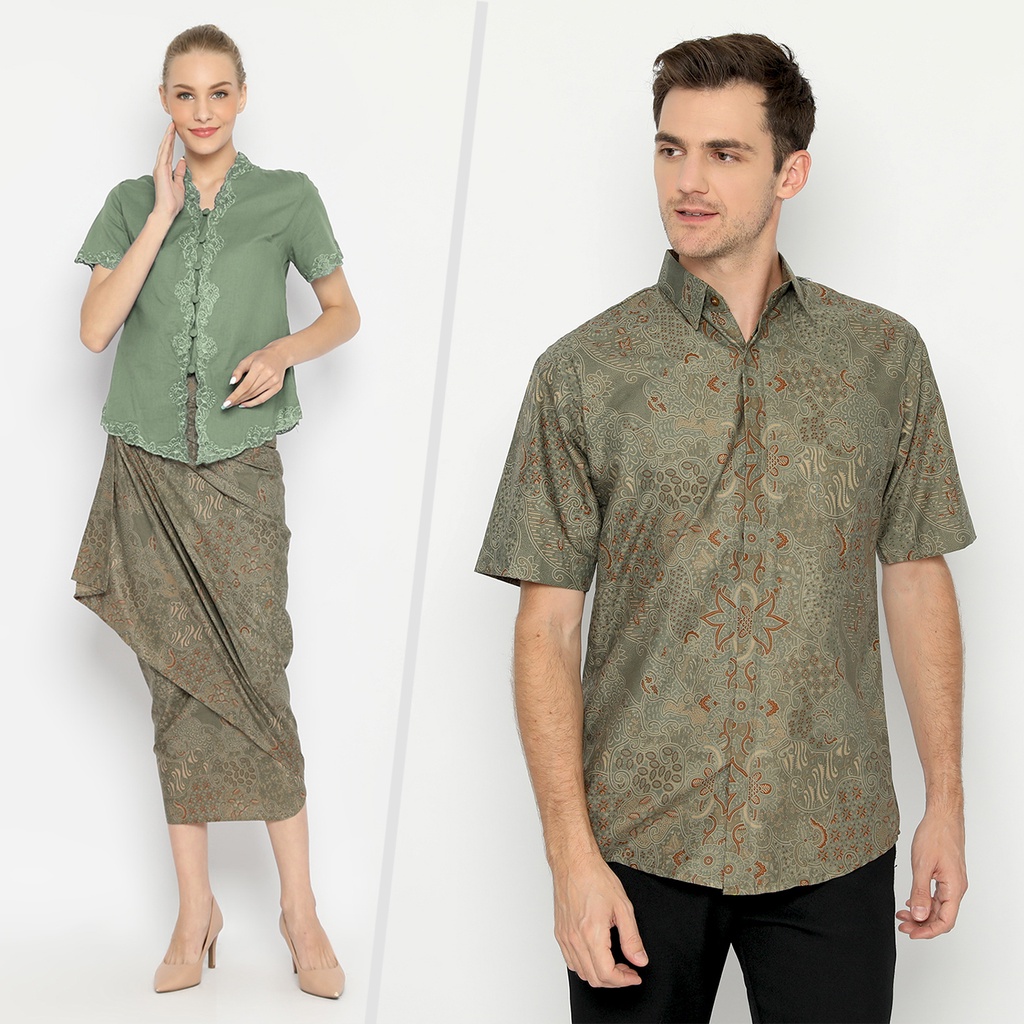 BATIK COUPLE MODERN Kemeja Rok Lilit Instan Batik Pria Lengan Pendek Premium Motif Sekar Jagad Warna Hijau Alam 721046 CAP 72