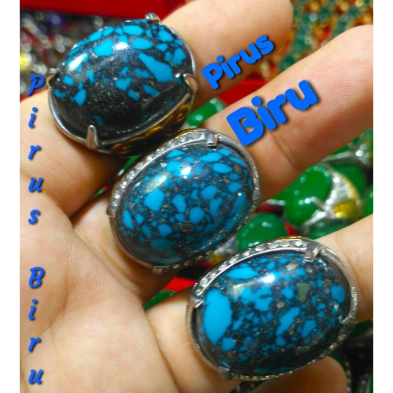 Cincin Batu akik Pirus Biru Serat perak HQ