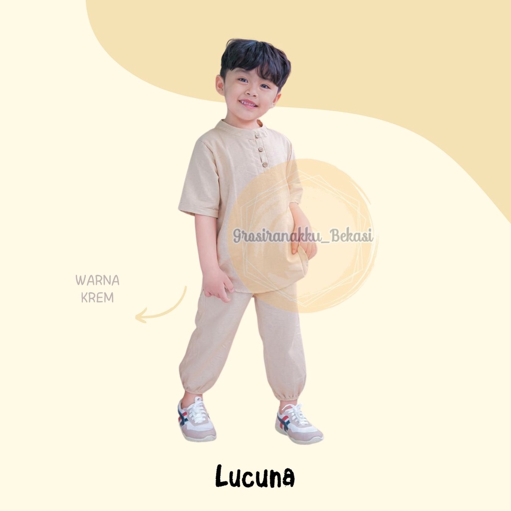 Setelan Anak Koko Adam Lucuna Linen Warna Krem 1-5thn