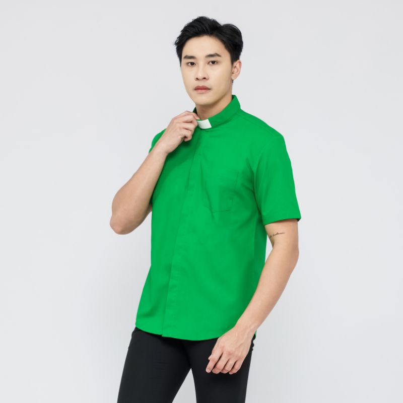 Pendeta - Kemeja Collar Hijau Fuji Polos - Cotton Tropical - Jos Miracle Bandung - Miracle - JMB