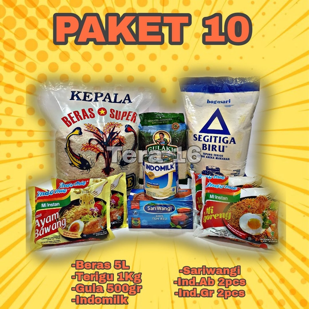 

paket 10 beras terigu gula indomlik indomie teh