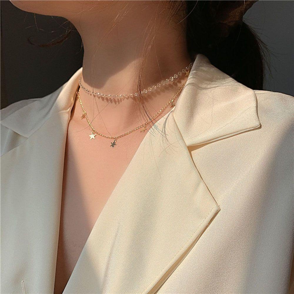 Mxbeauty Kalung Choker Rantai Klavikula Multi Layer Aksen Manik-Manik Bening Gaya Minimalis