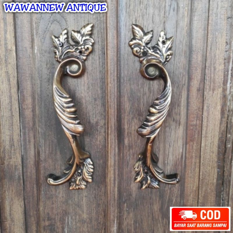 Handle Pintu / Gagang Pintu Rumah Pagar Kuningan Antik Motif Cakar Daun AB 28cm