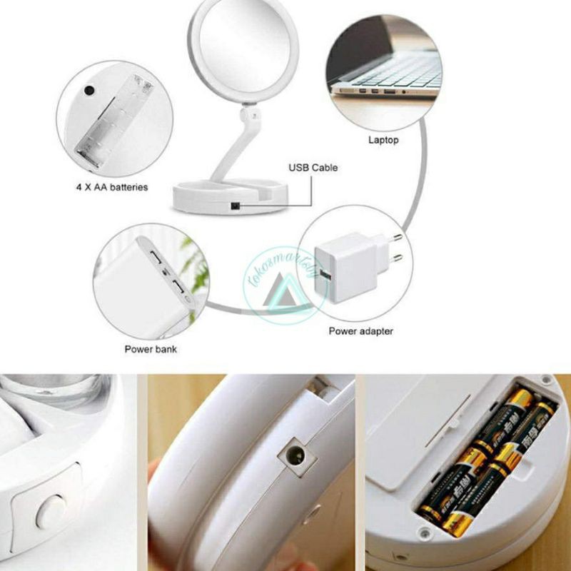 Cermin LED Mirror Lipat Portable Dua Sisi USB Baterai JG 988 Ada Kaca Pembesar