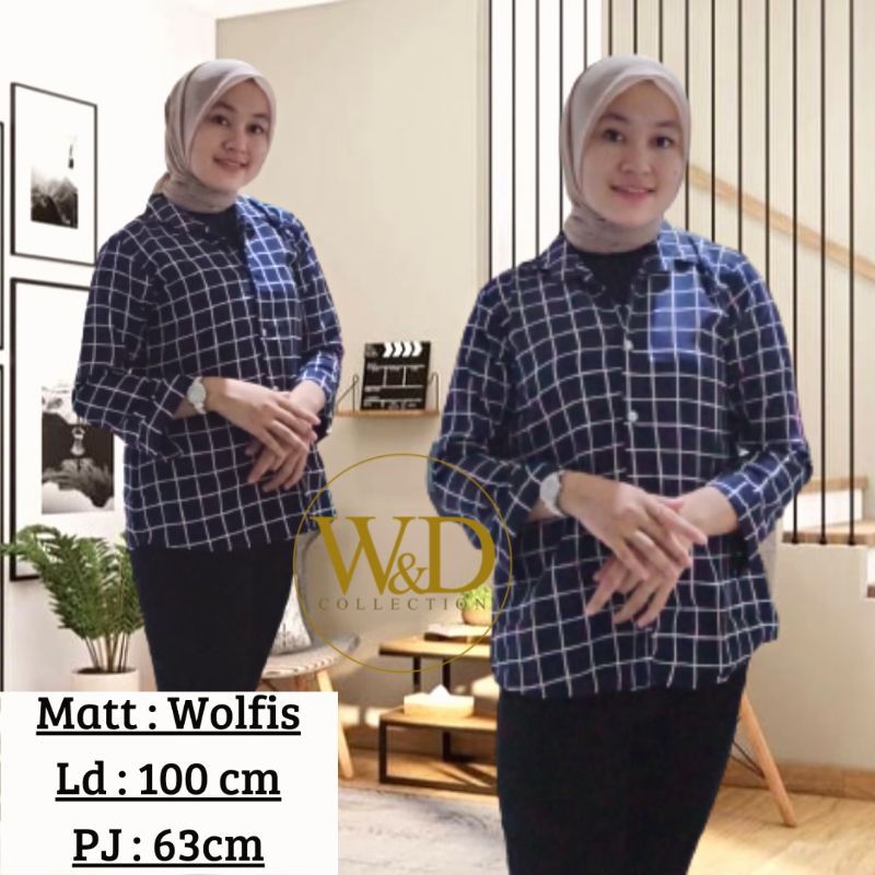 Kemeja Wanita Monalisa Atasan Blouse Casual Lengan Panjang Korea Kotak Square Cewek Wolfis