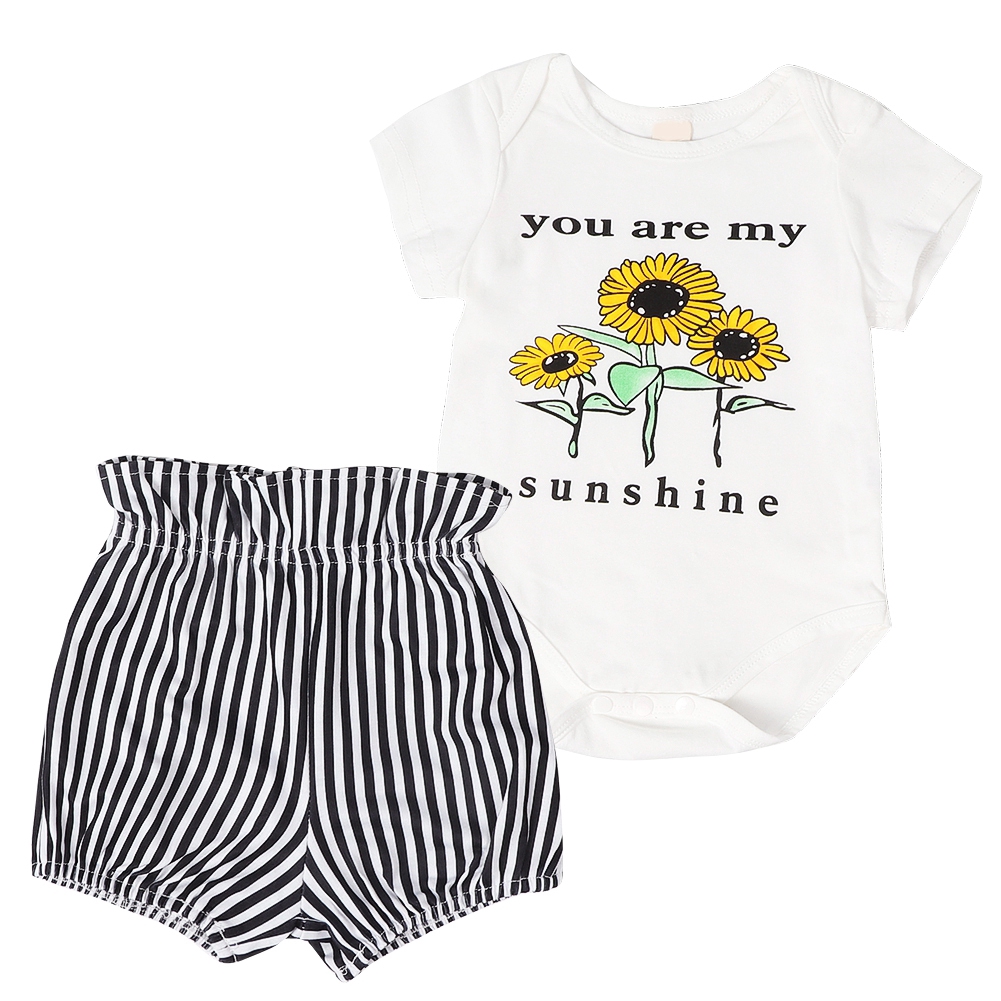 Setelan Romper Dengan Bahan Katun Warna Polos Dan Gambar Motif Bunga Matahari