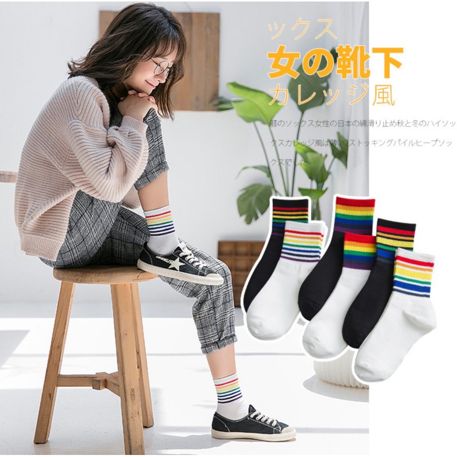 KK-50 kaos kaki wanita cotton tebal olahraga casual strip rainbow pela